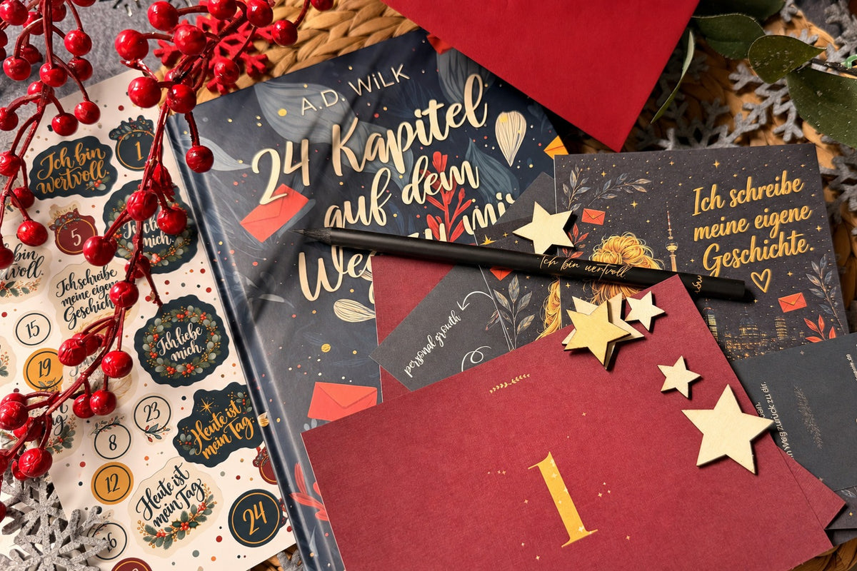Journalpaket von A.D. WiLK: Journal, Stickerbogen, Karten, roter Umschlag und Bleistift »Ich bin wertvoll«.