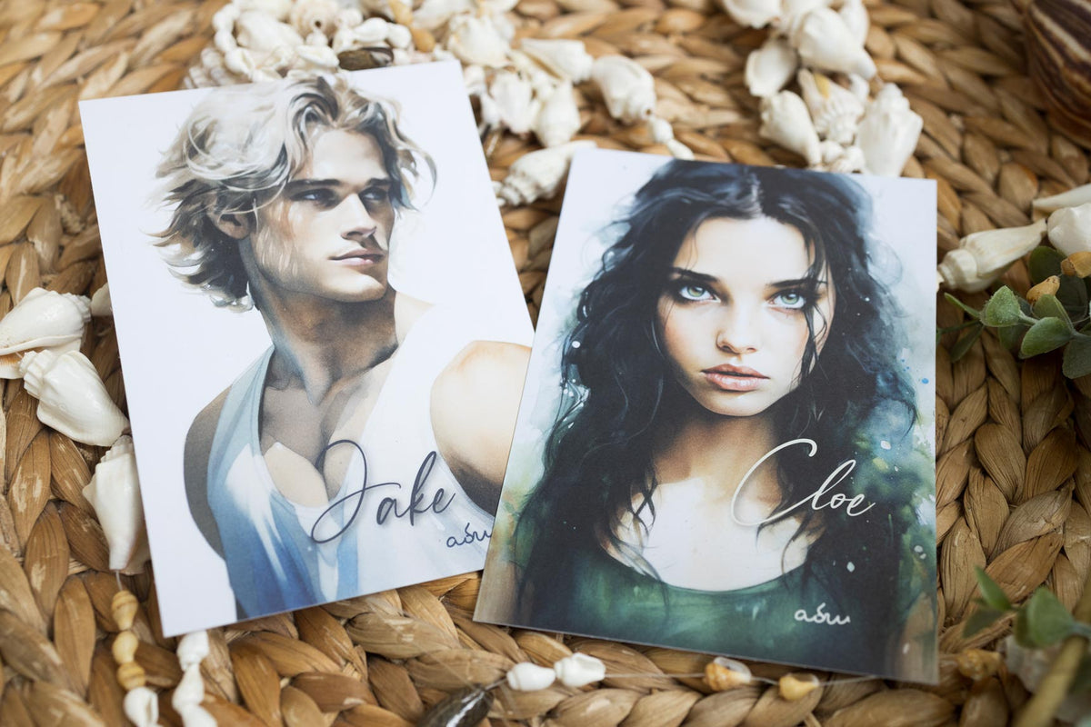 Charakterkarten von Cloe und Jake mit Page-Inlay und Lesezeichen