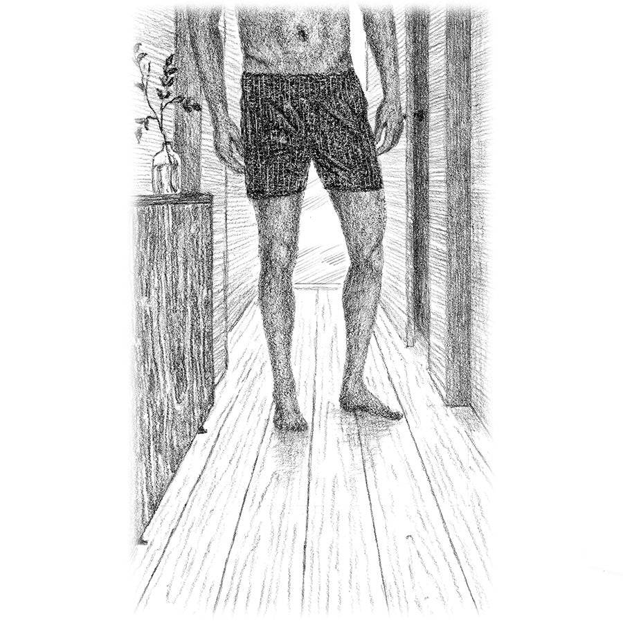 Stimmungsbild zu »Vielleicht du und ich« von A.D. WiLK: Bleistiftzeichnung eines Mannes in Boxershorts in einem Flur.
