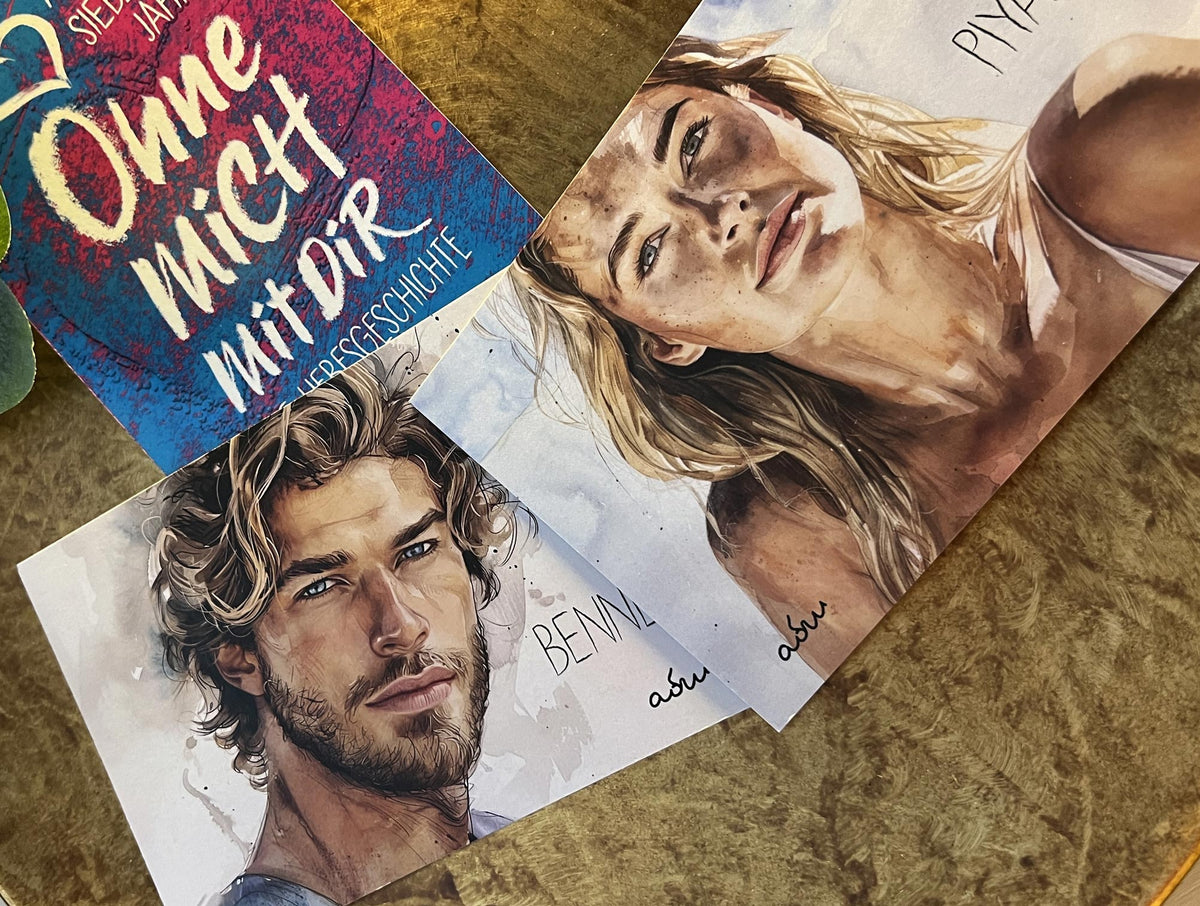 Charakterkarten mit illustrierten Porträts von Piya und Bennet neben dem Taschenbuch »Siebzehn Jahre. Ohne mich. Mit dir.« von A.D. WiLK.