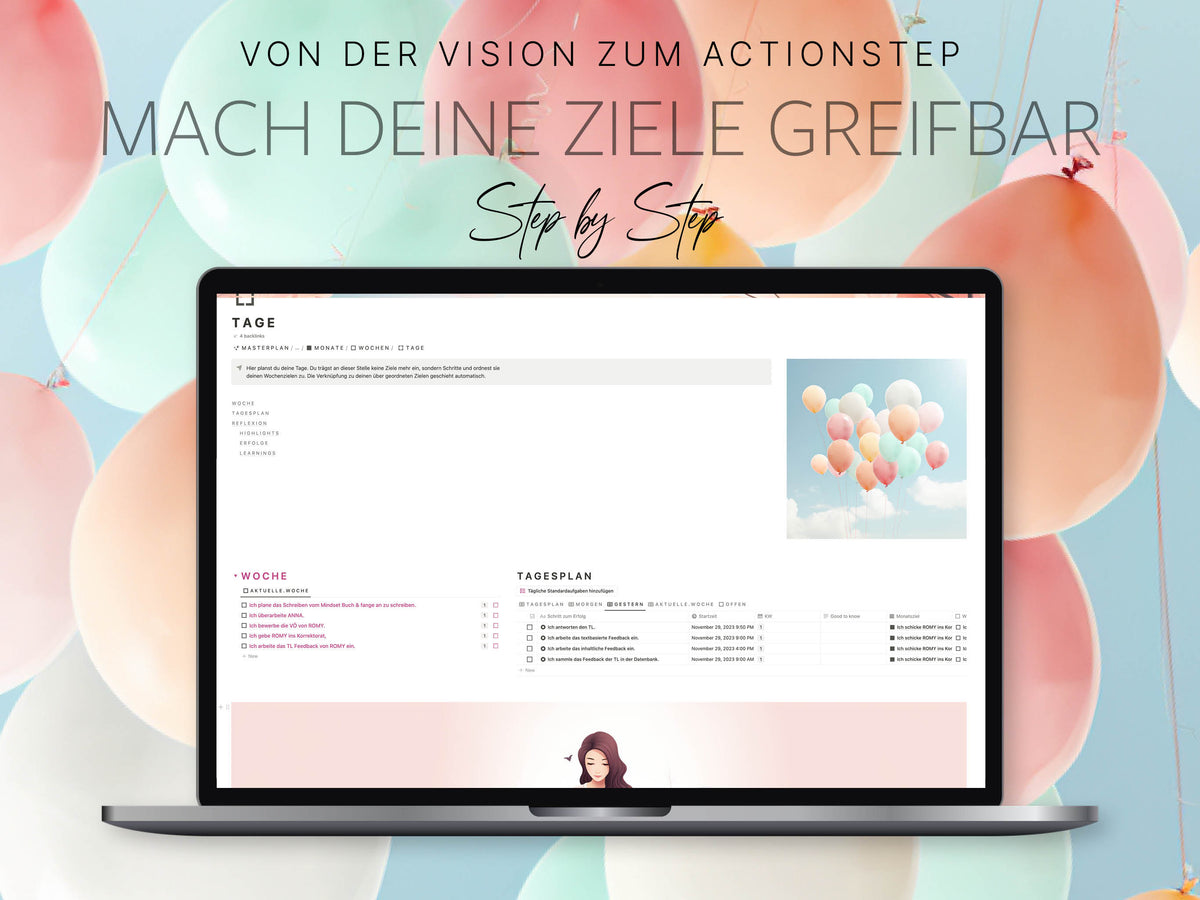 Produktgrafik der Notion-Vorlage »Dein Erfolgsplaner« von A.D. WiLK: weitere Bildschirm-Ansicht des Planer-Layouts.