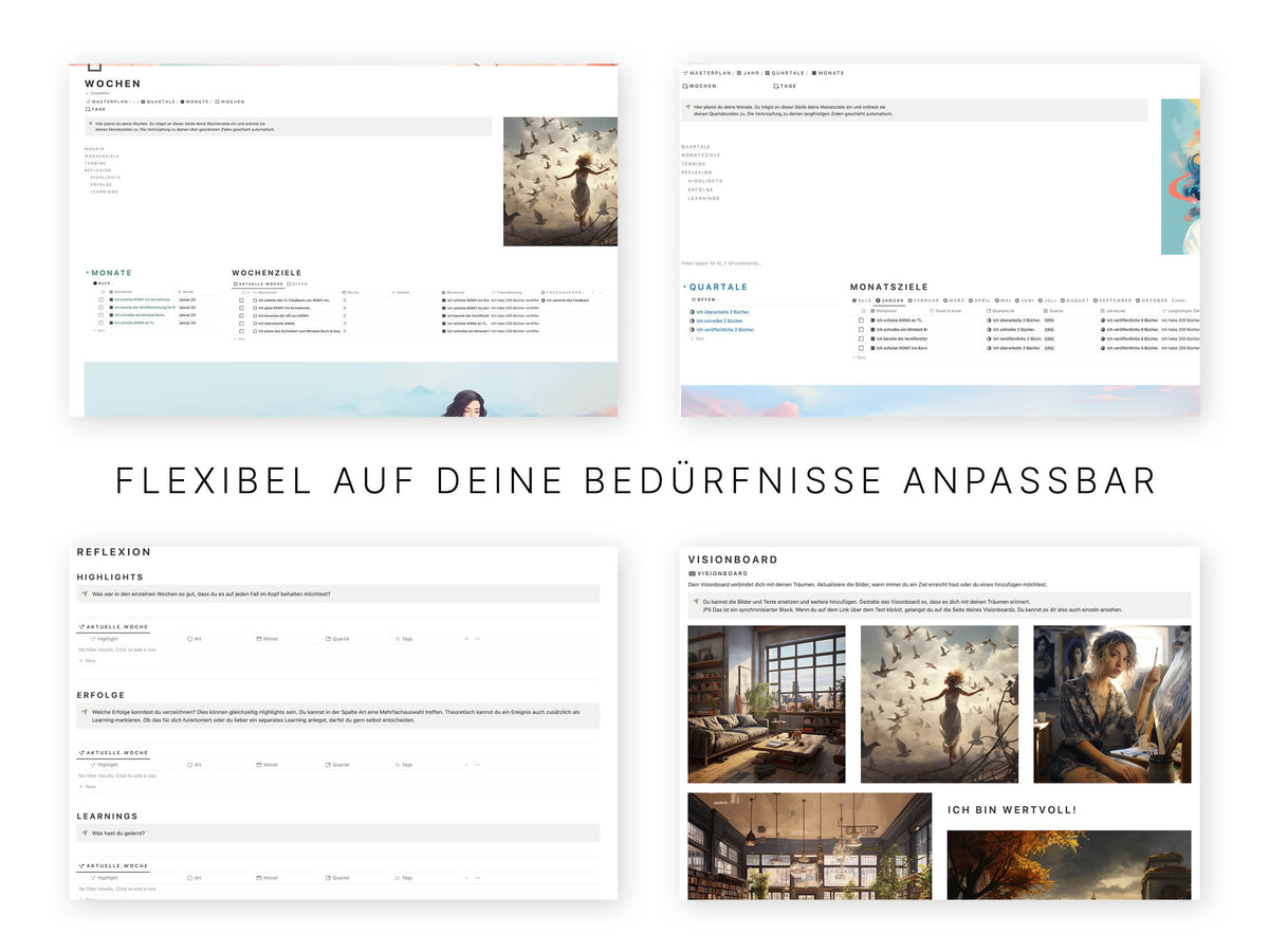 Produktgrafik der Notion-Vorlage »Dein Erfolgsplaner« von A.D. WiLK: weitere Bildschirm-Ansicht des Planer-Layouts.