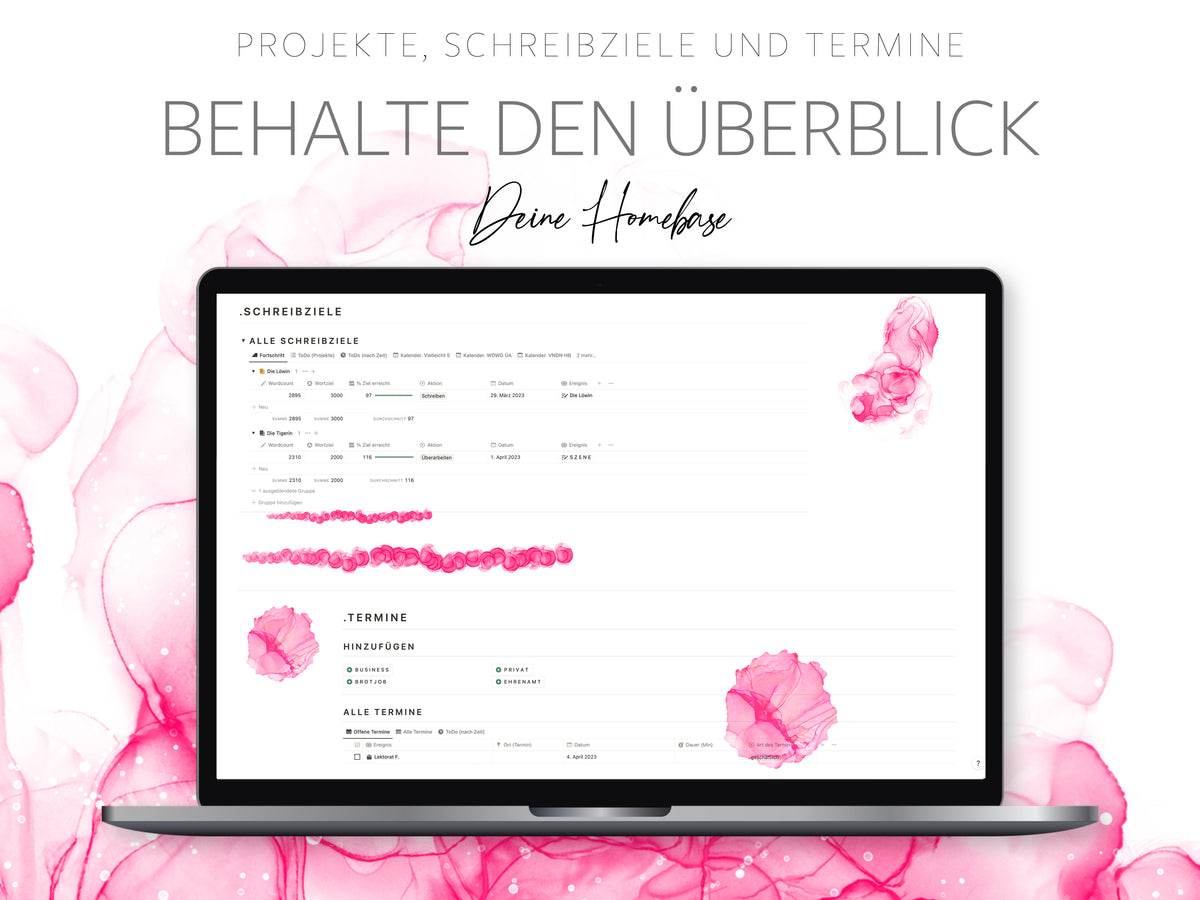 Produktgrafik der Notion-Vorlage »Schreibplaner« von A.D. WiLK: weitere Bildschirm-Ansicht des Schreibplaner-Layouts.