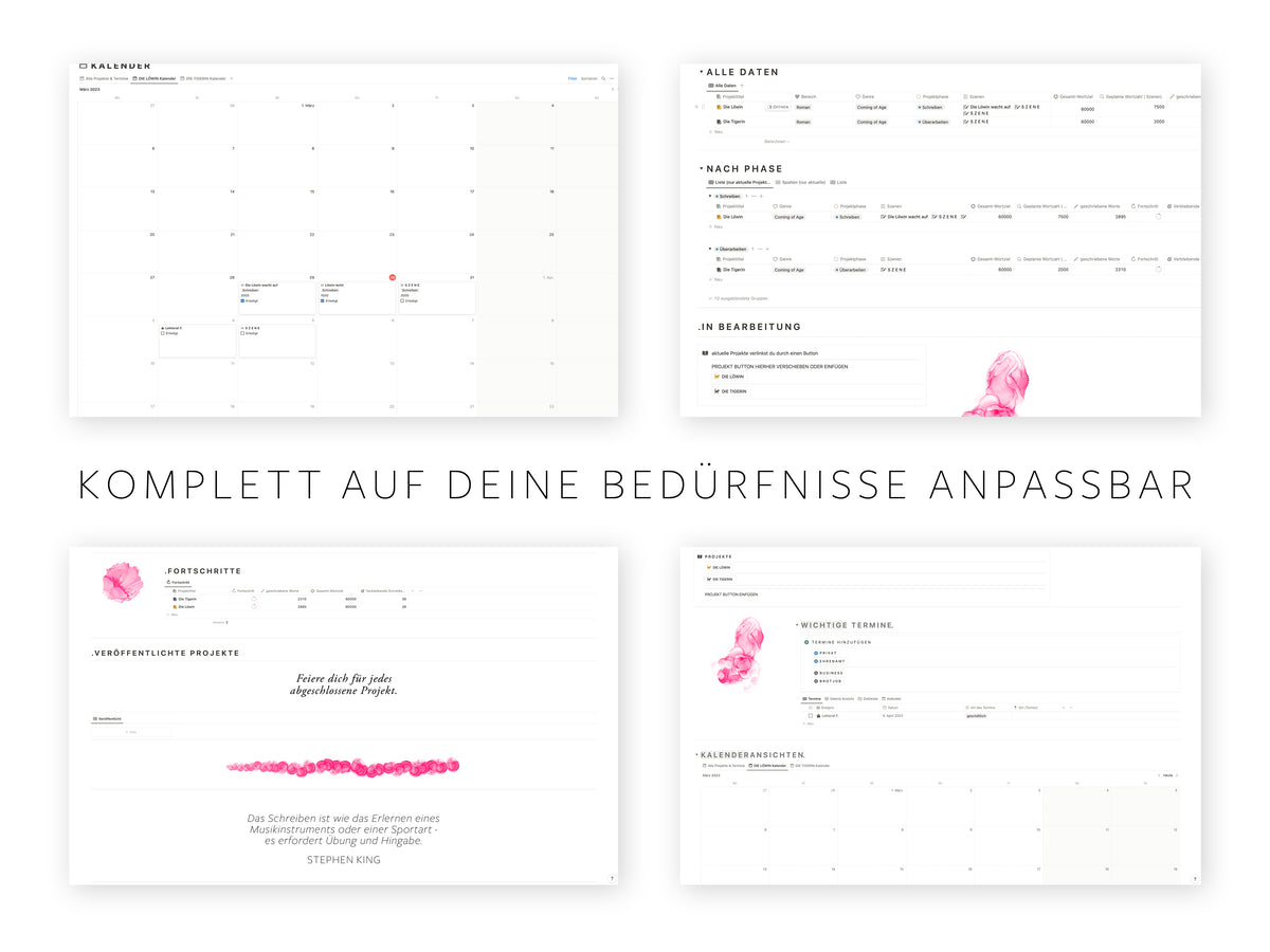 Produktgrafik der Notion-Vorlage »Schreibplaner« von A.D. WiLK: weitere Bildschirm-Ansicht des Schreibplaner-Layouts.