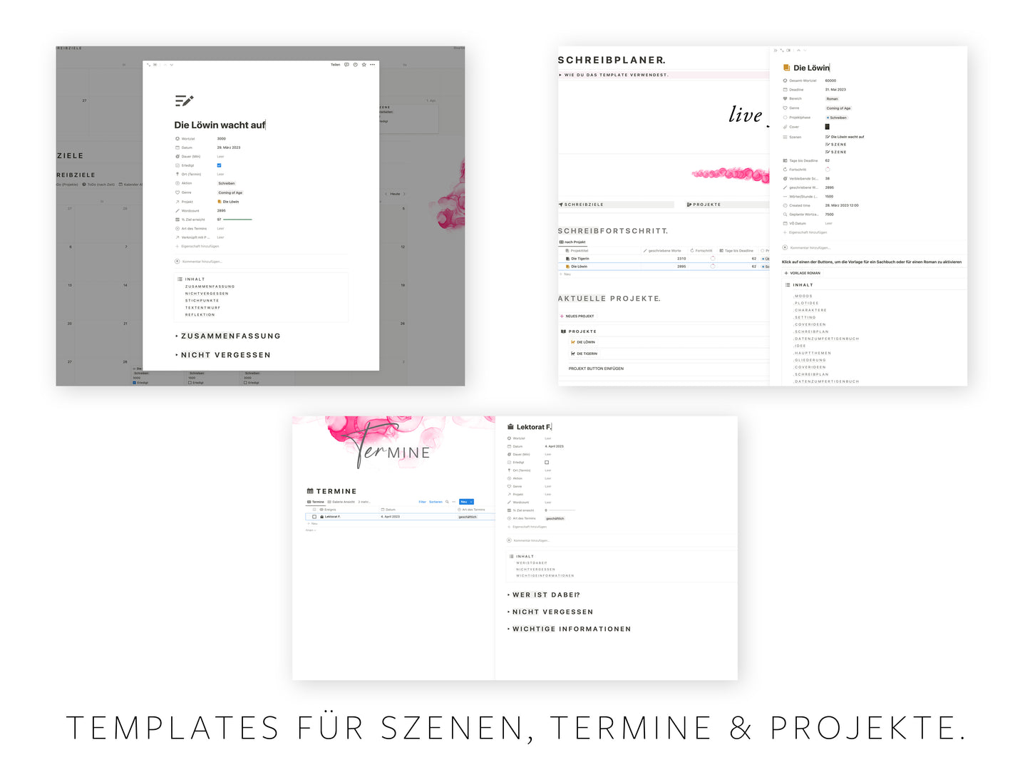 Produktgrafik der Notion-Vorlage »Schreibplaner« von A.D. WiLK: weitere Bildschirm-Ansicht des Schreibplaner-Layouts.