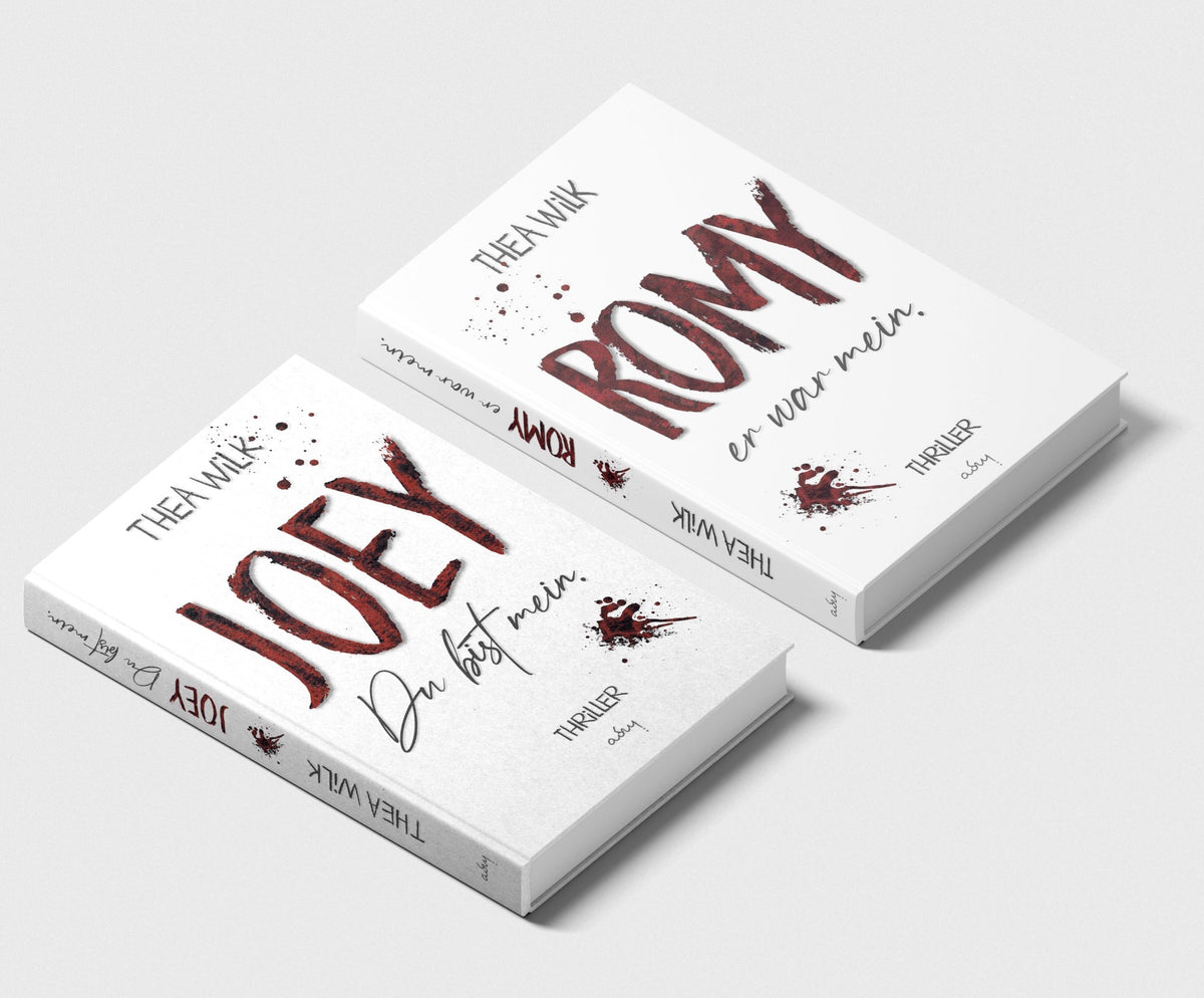 Die Thriller JOEY und ROMY von THEA WiLK als Paket, beide Cover nebeneinander.