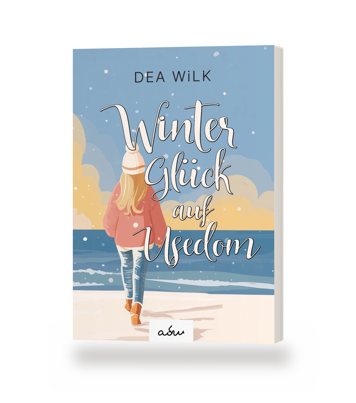 Taschenbuch »Winter Glück auf Usedom« von DEA WiLK, stehendes Buch mit Blick auf Cover und Buchblock.