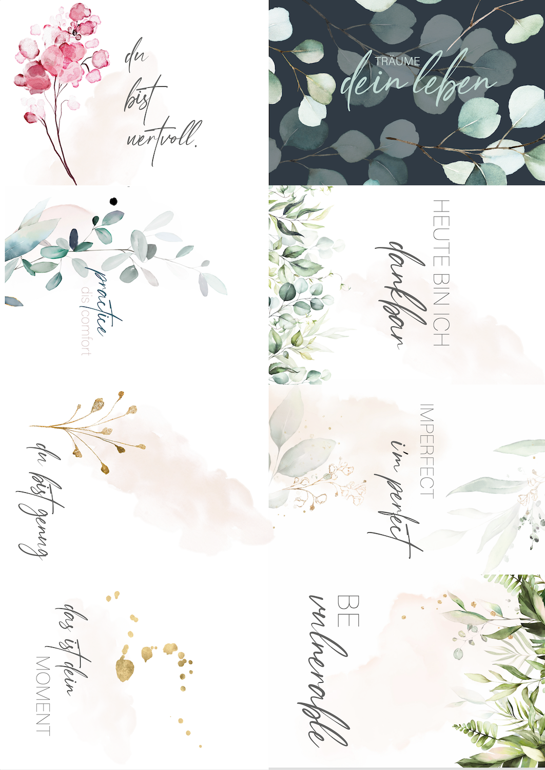 seiDU Postkarten-Set von A.D. WiLK mit Affirmationen und floralen Illustrationen.