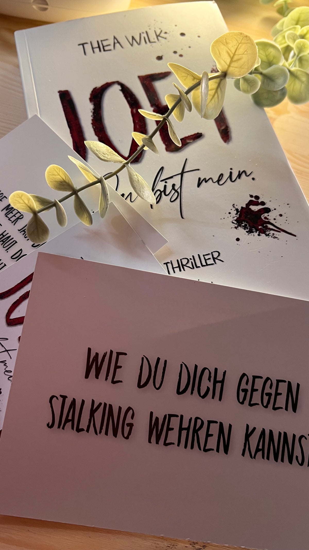 JOEY. du bist mein. von THEA WiLK, Thriller, blutrote Typografie und Blutspritzer auf hellem Grund.