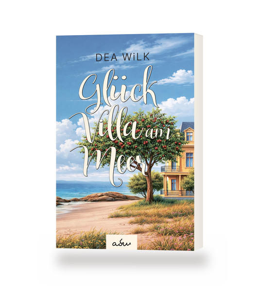 Taschenbuch »Glück in der Villa am Meer« von DEA WiLK, stehendes Buch mit Blick auf Cover und Buchblock.