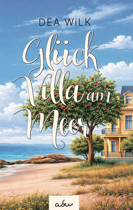 Glück in der Villa am Meer (Die Villa, Band 3) von DEA WiLK, Küstenroman, illustrierte gelbe Villa am Strand mit Apfelbaum, Meer und blauem Himmel.