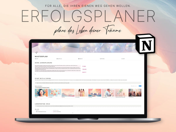 Produktgrafik der Notion-Vorlage »Dein Erfolgsplaner« von A.D. WiLK: Laptop-Ansicht mit Masterplan und Jahresplanung vor pastellfarbenem Hintergrund.