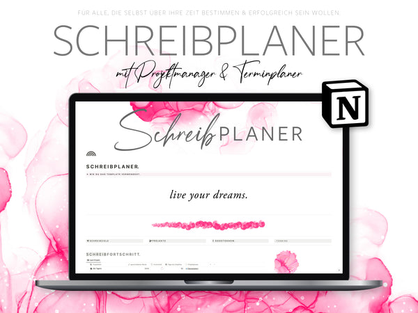 Produktgrafik der Notion-Vorlage »Schreibplaner« von A.D. WiLK: Laptop-Ansicht des Schreibplaner-Layouts vor pinkem Aquarell-Hintergrund.