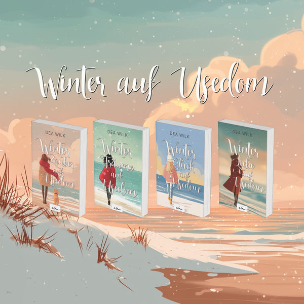 Mehrere Bände der Usedom-Reihe »Winter auf Usedom« von DEA WiLK als E-Book-Paket, vier winterliche Cover an verschneiter Düne.