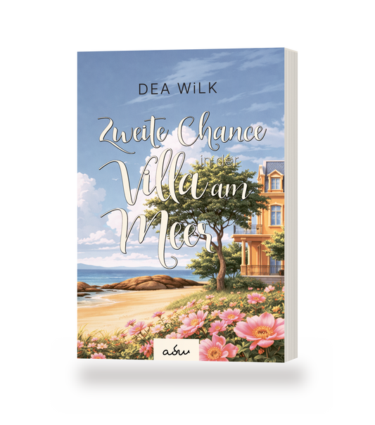 Taschenbuch »Zweite Chance in der Villa am Meer« von DEA WiLK, stehendes Buch mit Blick auf Cover und Buchblock.